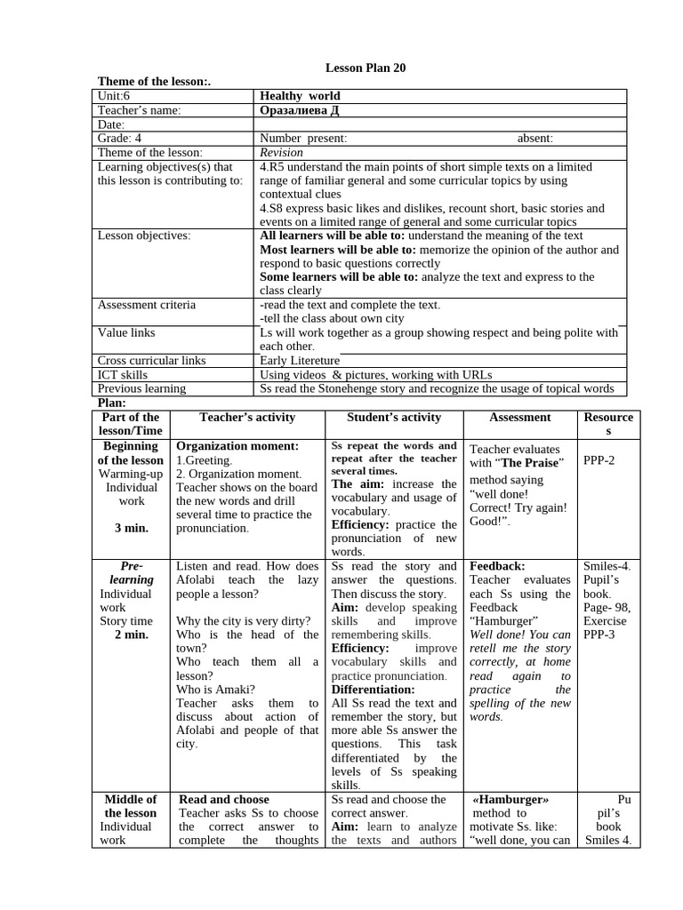 Grade 4 English Lesson Plan: Revision | PDF | Reading Comprehension ...