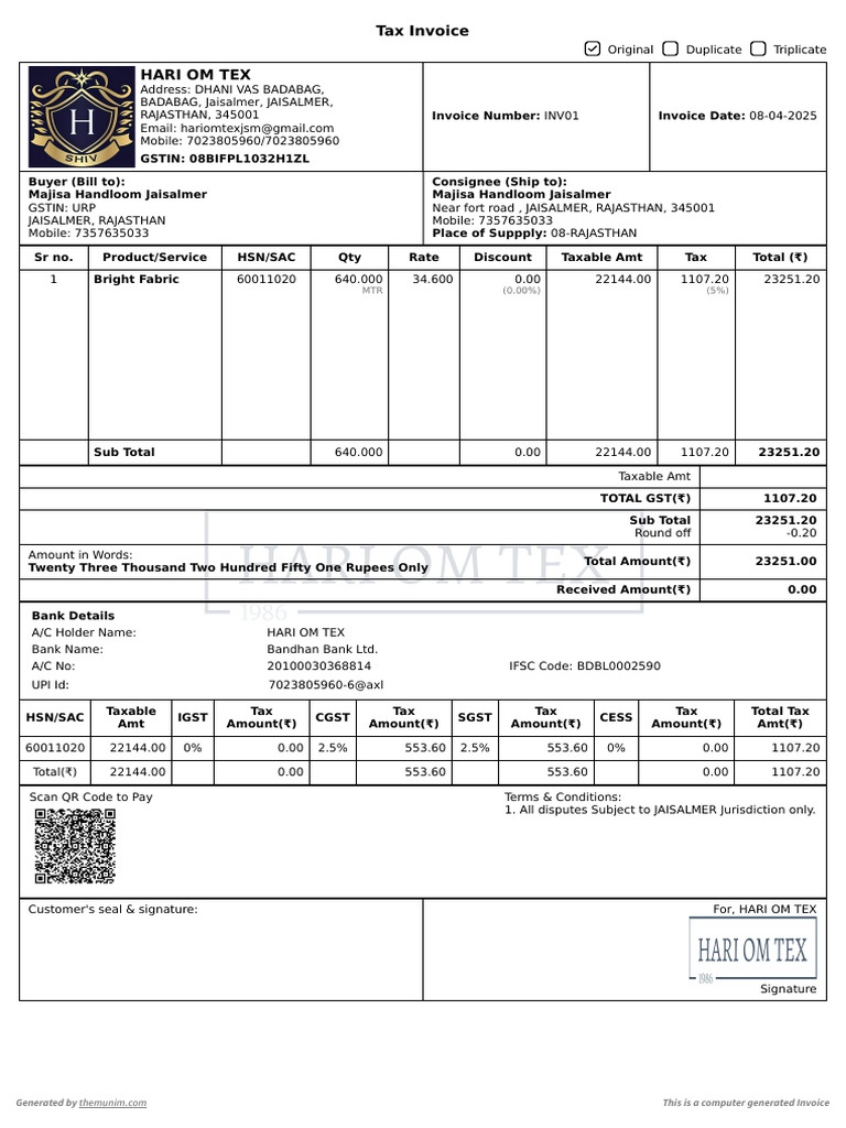 Tax Invoice for Majisa Handloom | PDF | Public Finance | Taxation