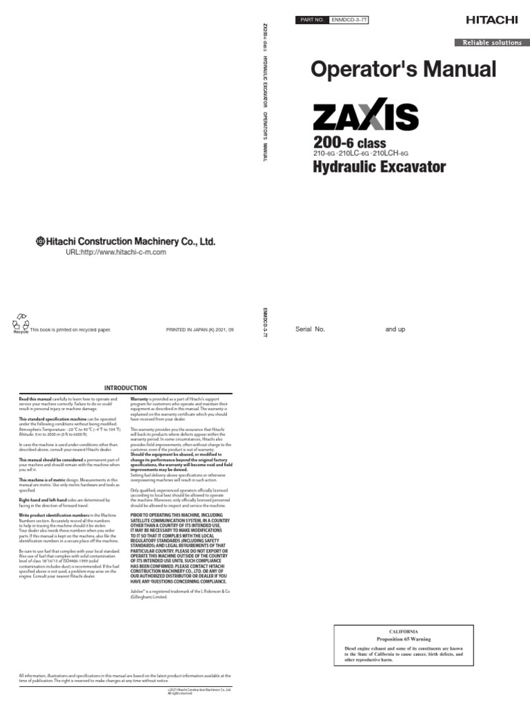 ZX210-6G Operators Manual | PDF | Safety | Pump