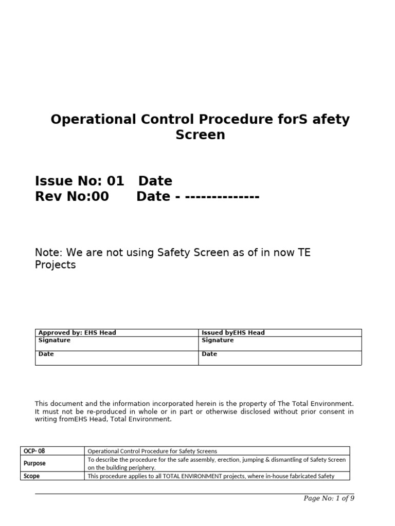 Safety Screen Operational Control Procedure | PDF | Crane (Machine ...