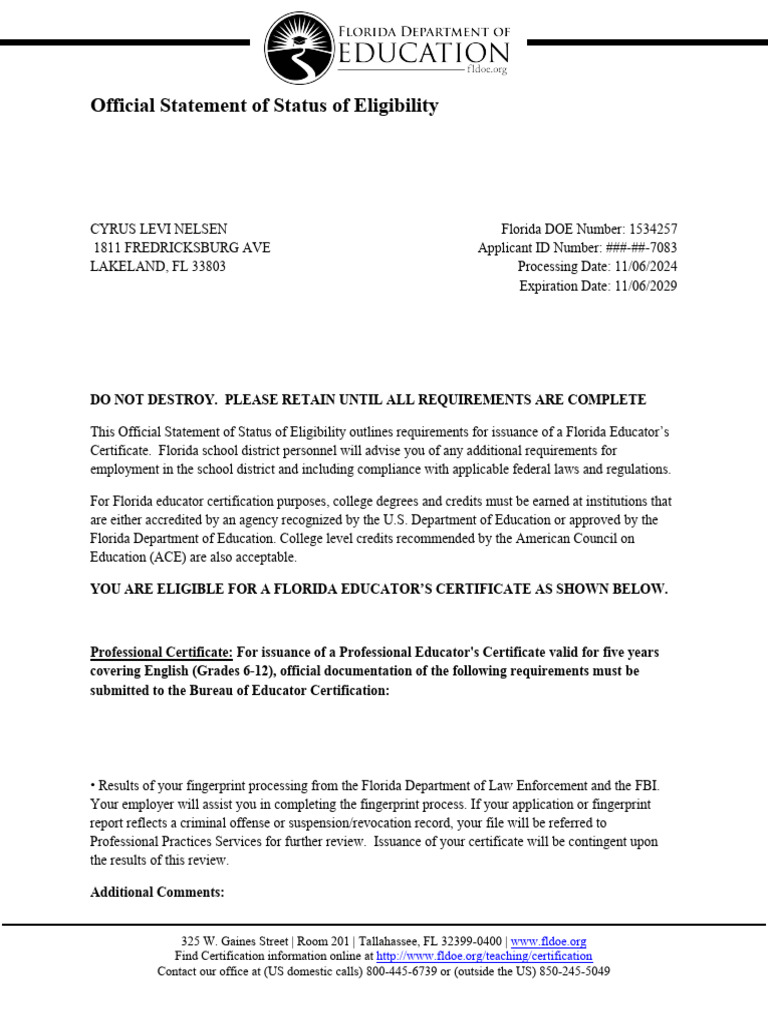 Florida Statement of Status of Eligibility | PDF