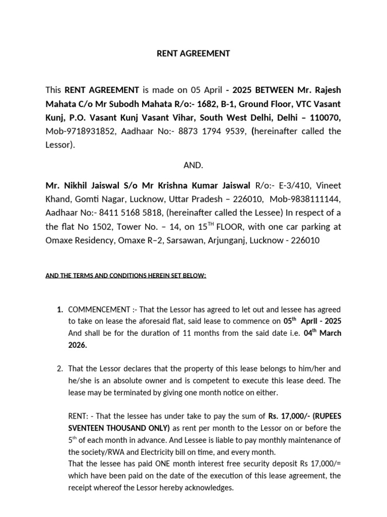 Lucknow Rent Agreement for Omaxe Flat | PDF | Lease | Civil Law (Legal ...