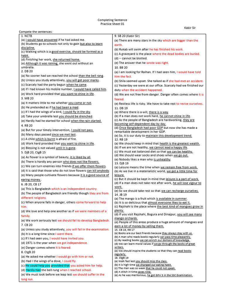 Completing Sentences Answer | PDF | Tea | Poverty