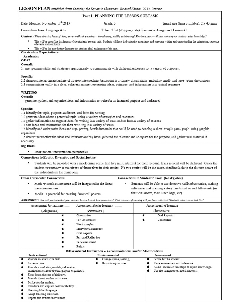 Recount Lesson Plan with Anchor Chart | PDF | Differentiated ...