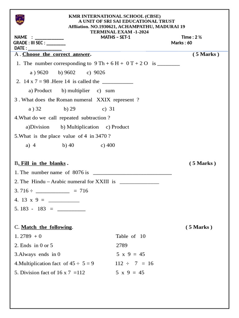 Maths Exam for Grade III - Set 1 | PDF | Numbers | Mathematics