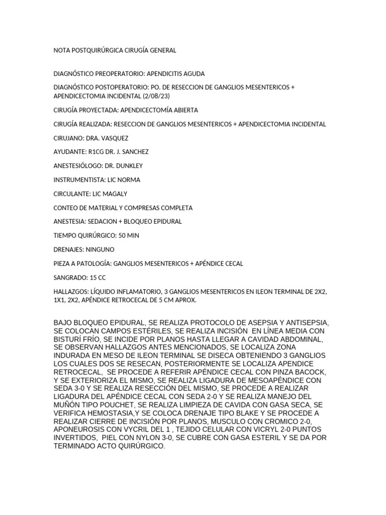 Nota Postquirúrgica: Apendicectomía Infantil | PDF | Procedimientos ...