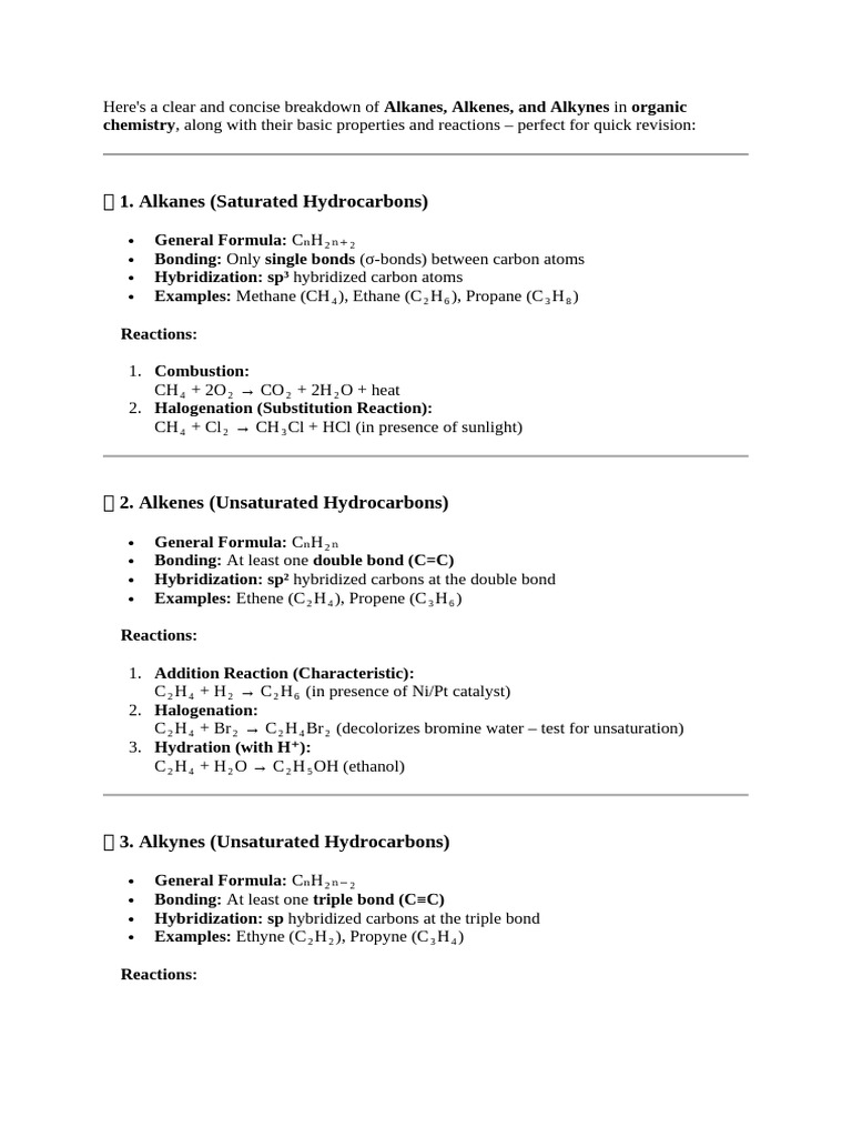 Alkanes, Alkenes, and Alkynes Overview | PDF