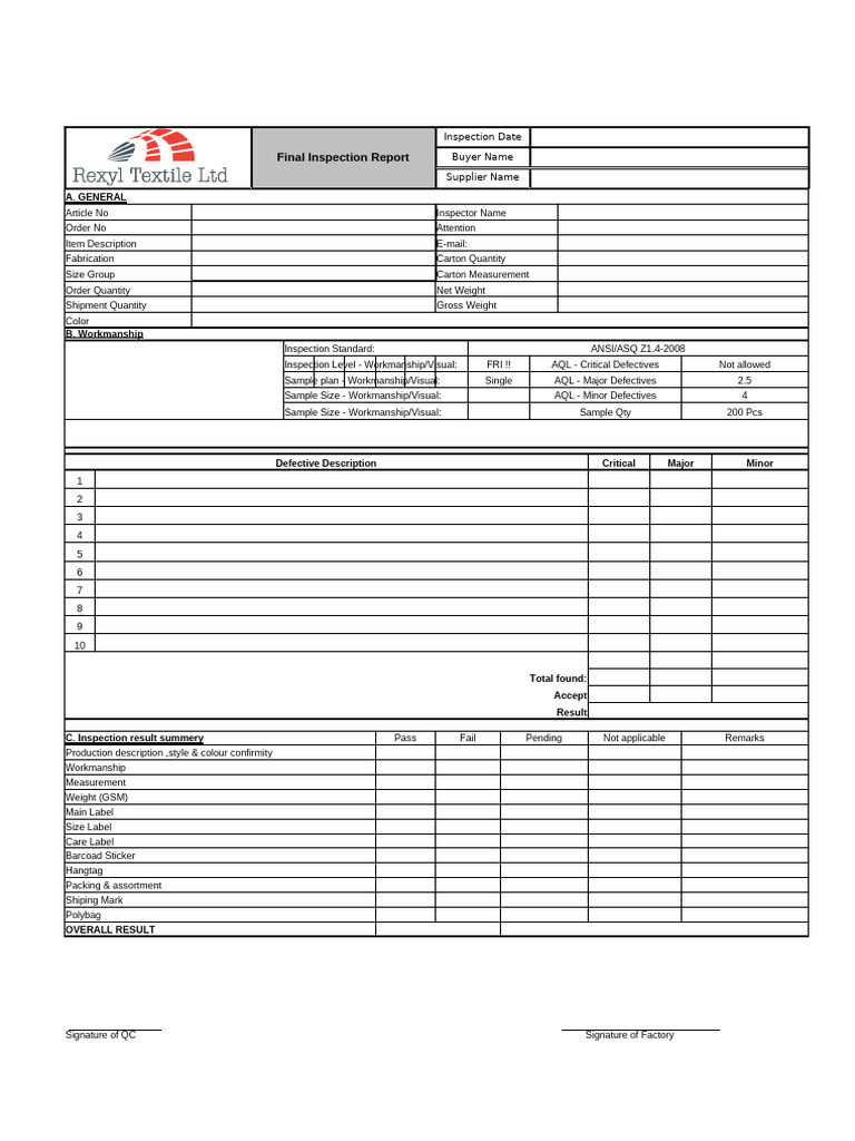 RTL-QC-F-02 Final Inspection Report | PDF | Clothing