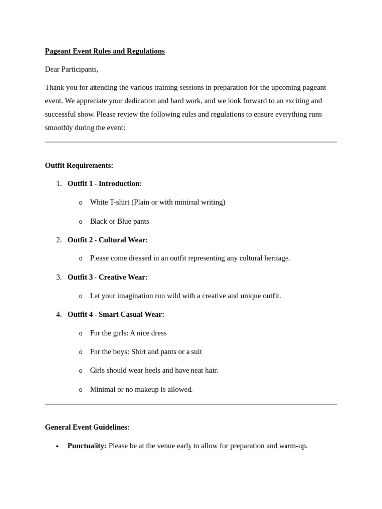 Pageant Event Rules and Attire Guide | PDF