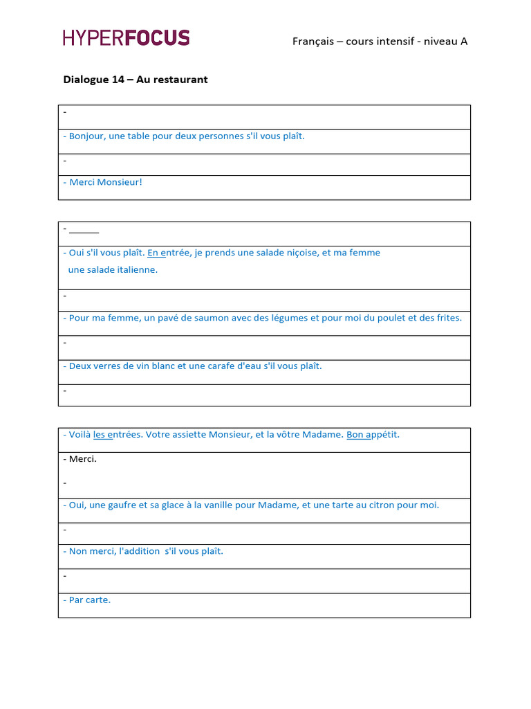 Dialogue 14 Au Restaurant | PDF