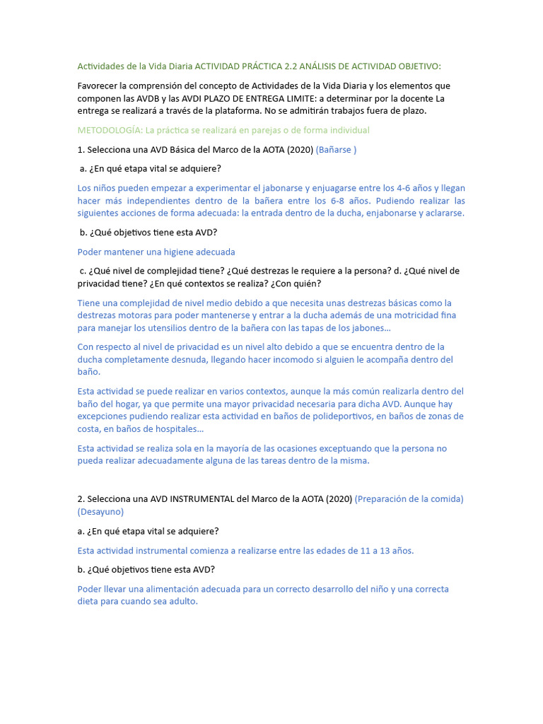 Análisis de Actividades de la Vida Diaria | PDF | Ducha | Alimentos