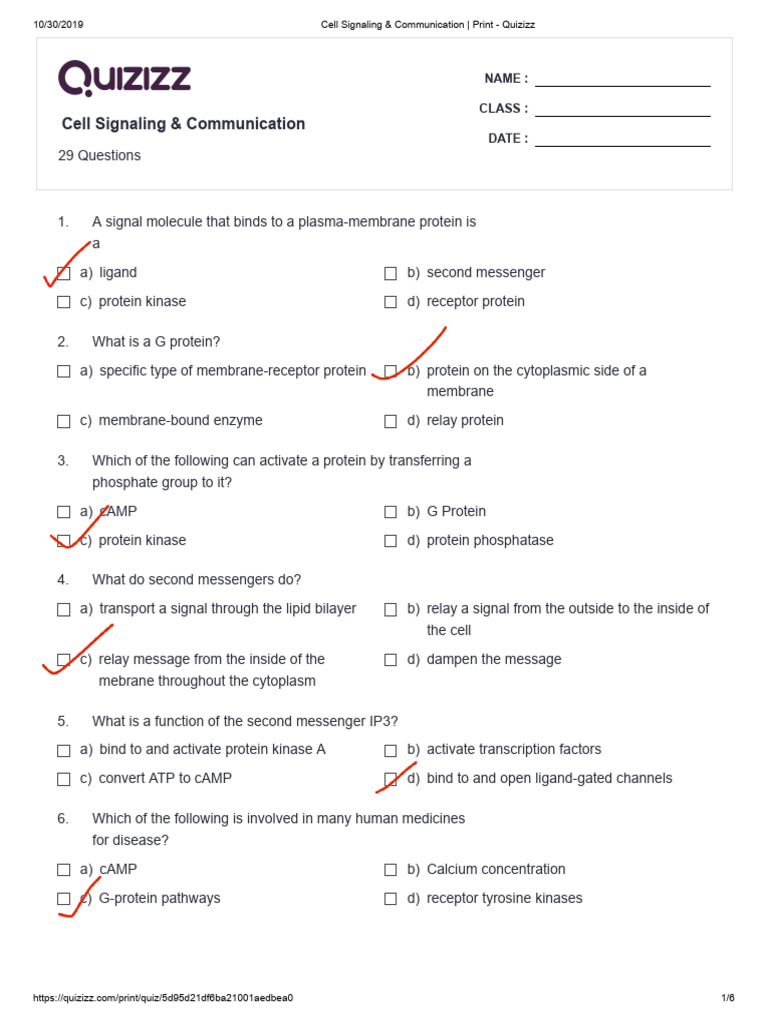 Cell Signaling Quiz with 29 Questions | PDF | Cell Signaling | Signal ...