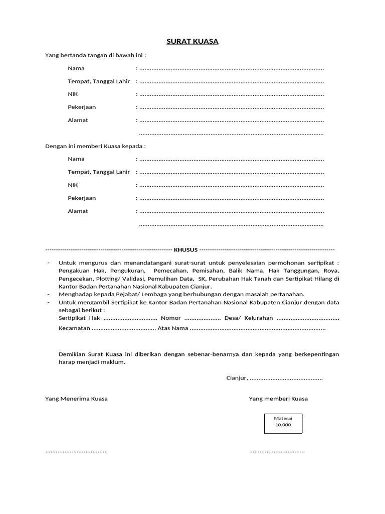 Surat Kuasa Pengurusan Sertifikat Tanah | PDF