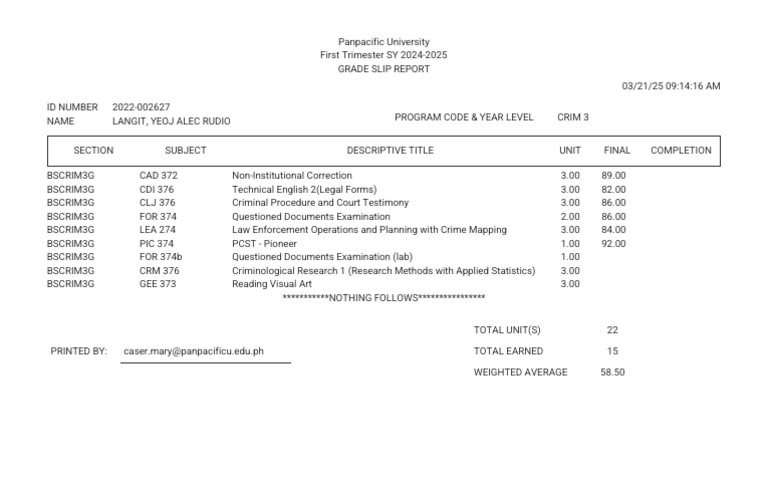 Panpacific University Grade Slip Report | PDF