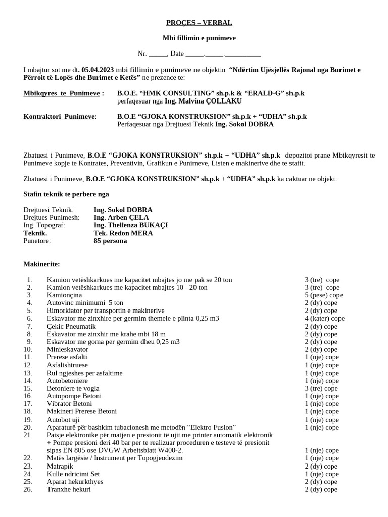 04 Proces Verbal Fillimi Punimesh | PDF