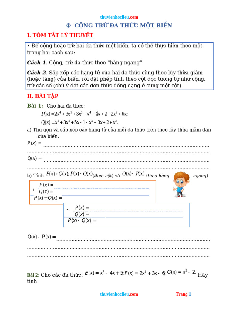 Bai Tap Toan Lop 7 CONG TRU DA THUC MOT BIEN | PDF