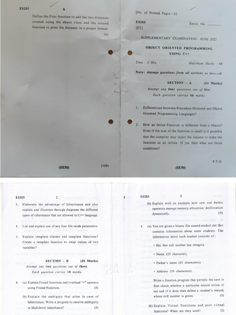 Object Oriented Programming Using C++, ES203 (ET), June 2022 | PDF