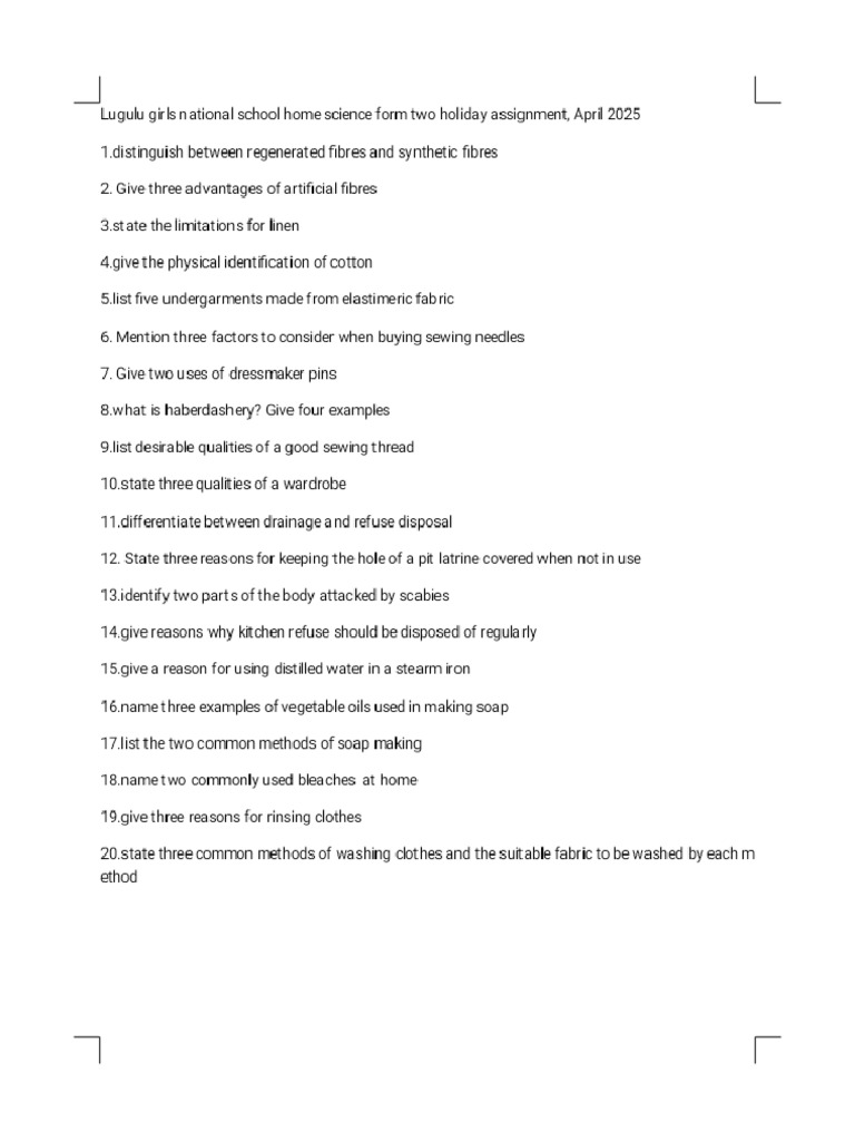 F2 HS April 2025 Assignment Assignment - Form 2 - Home Science | PDF