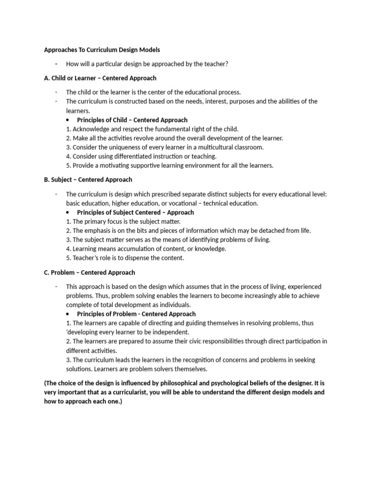 Curriculum Design Approaches Explained | PDF | Learning | Curriculum