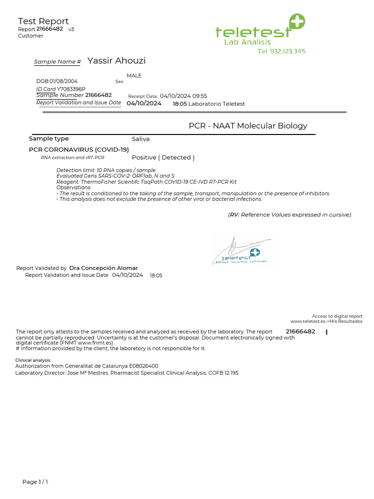 COVID-19 PCR Test Report 21666482 | PDF