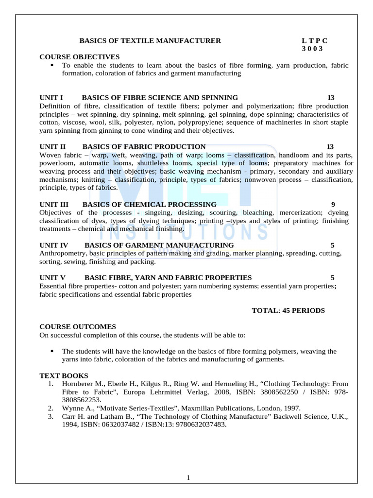 Textile Manufacturing Basics Course | PDF | Textiles | Spinning (Textiles)
