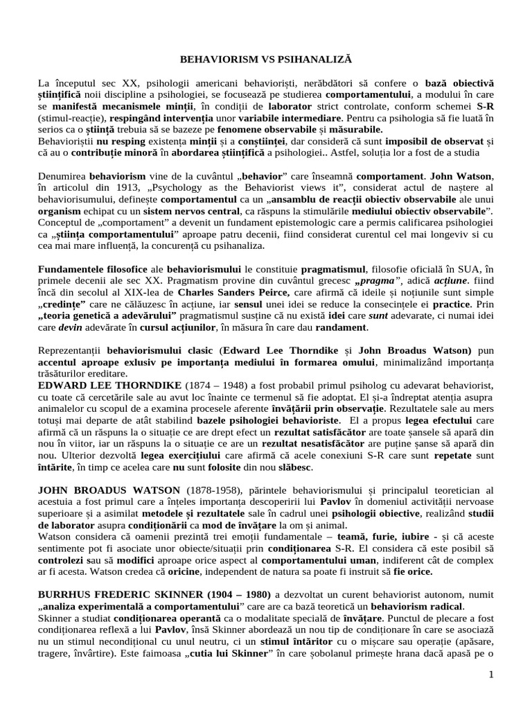 Behaviorism Vs Psihanaliza Short Version | PDF