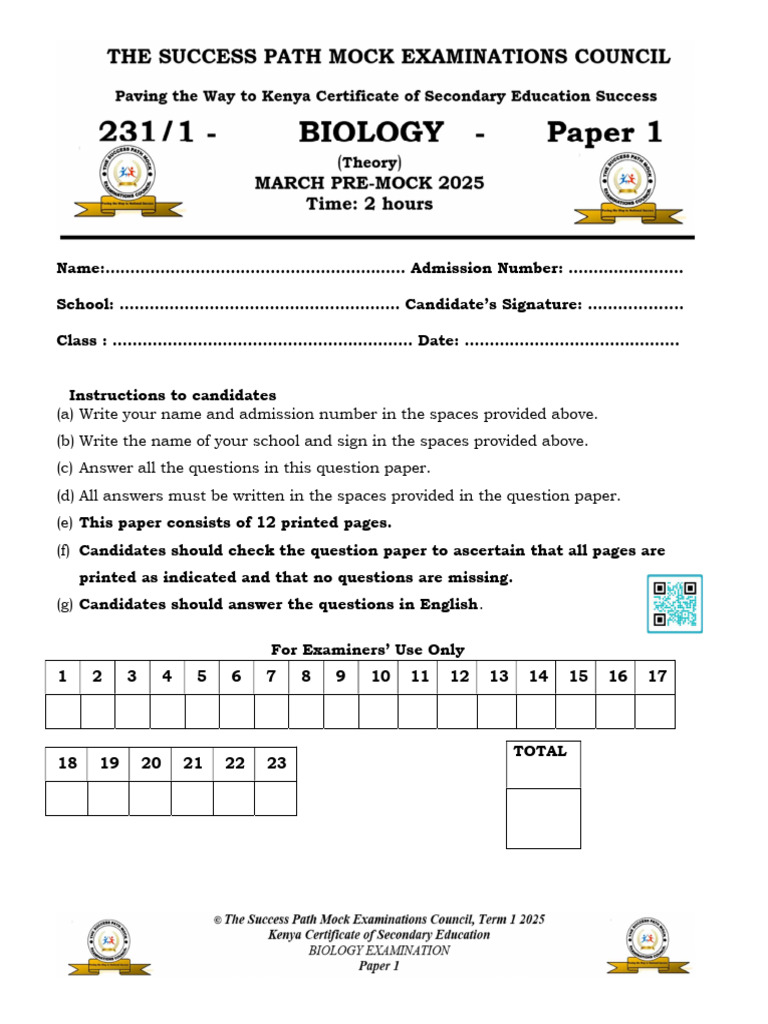 KCSE 2025 Biology Paper 1 Mock Exam | PDF | Fructose | Biology