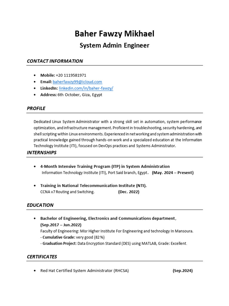 Linux System Administrator Profile | PDF | Computing