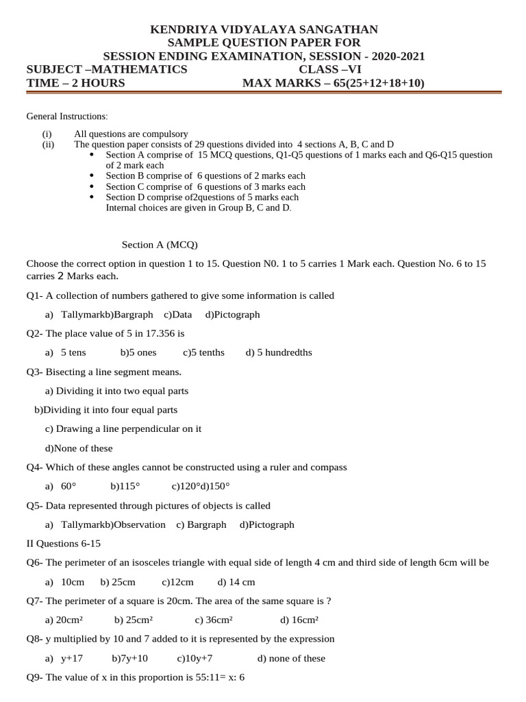 Class VI Mathematics Exam Paper 2020-21 | PDF | Elementary Mathematics ...