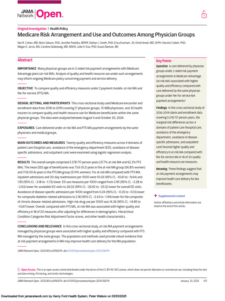 JAMA 2 Sided Risk Arrangements 1742380261 | PDF | Fee For Service ...