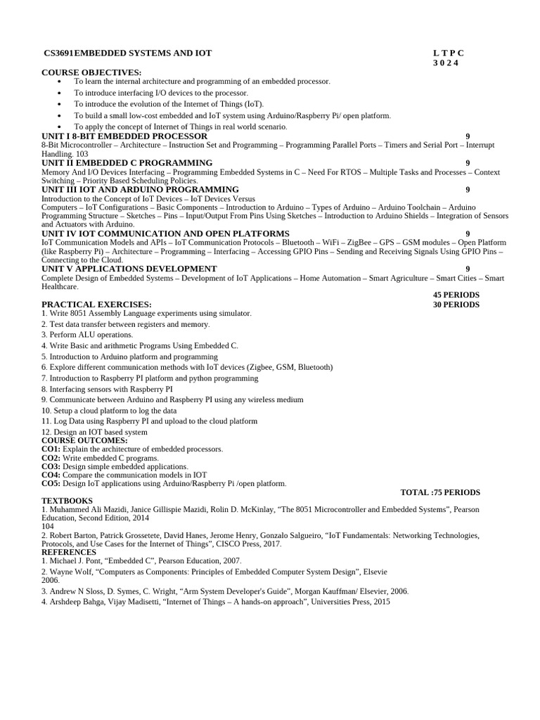 CS3691 Embedded Systems & IoT Syllabus | PDF | Embedded System | Arduino