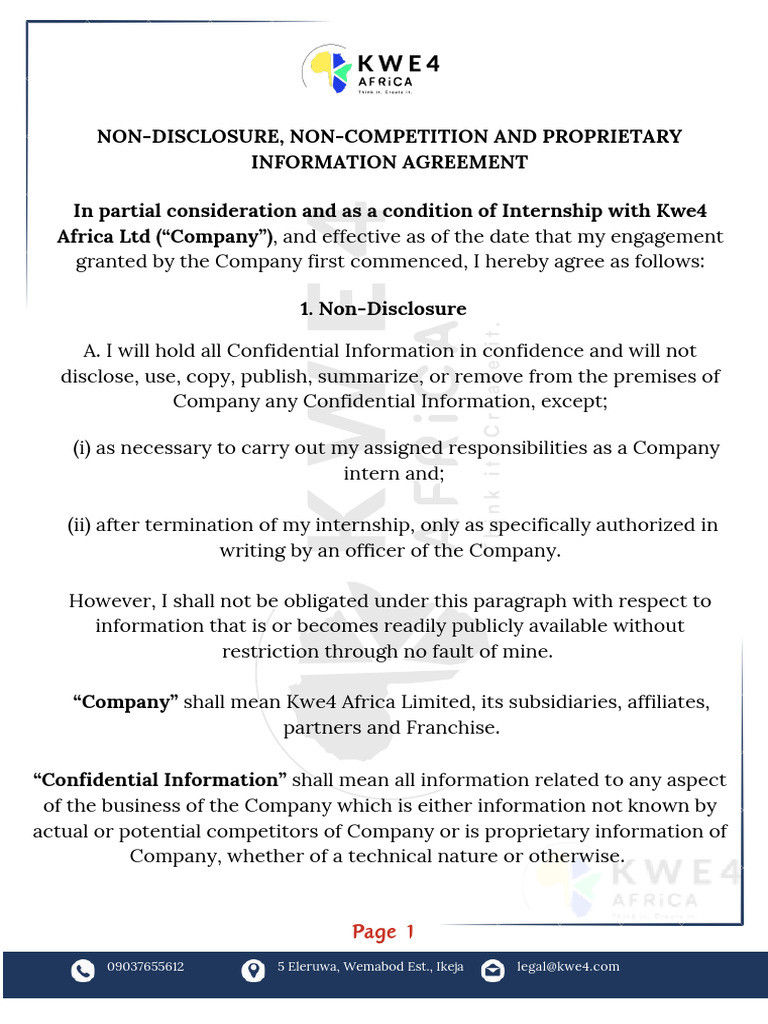 KWE4 INTERNSHIP NDA - PDF (1) - PDF | PDF | Trade Secret | Patent