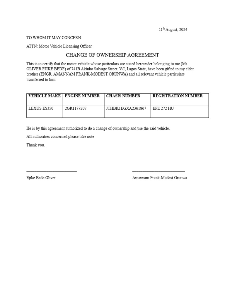 CHANGE OF OWNERSHIP AGREEMENT | PDF