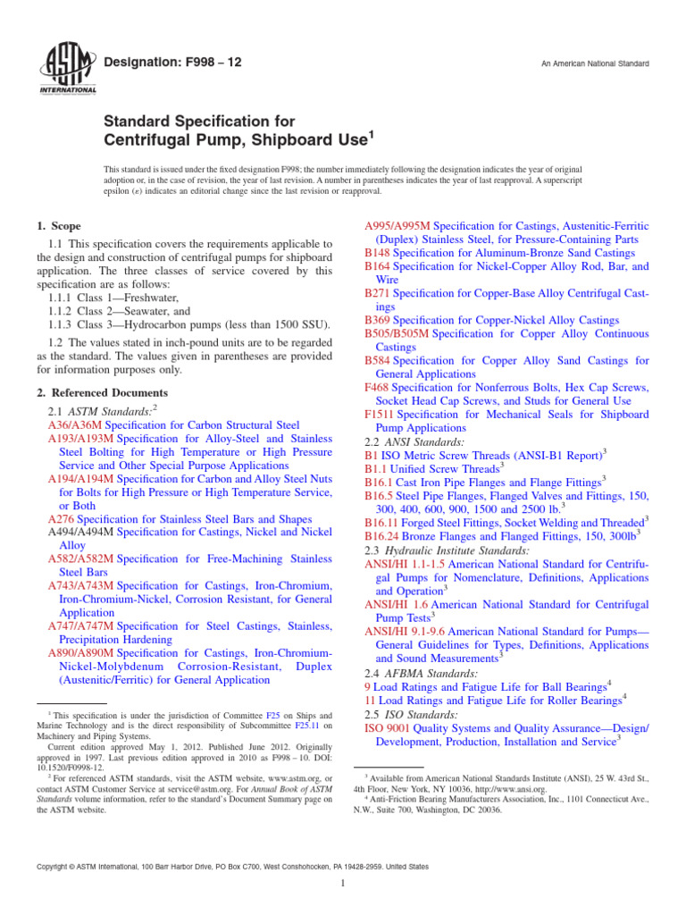 Standard Specification For Centrifugal Pump Shipboard Use | PDF | Pump ...