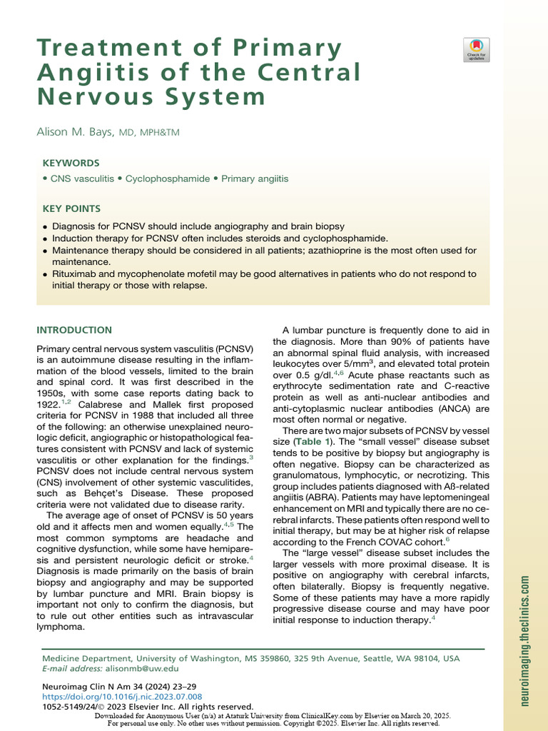 Treatment of Primary Angiitis of The Central Nervous System: Alison M ...