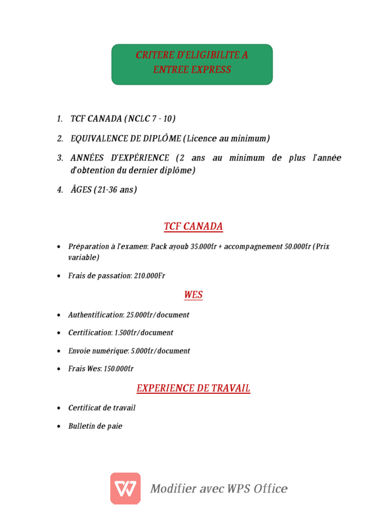 Frais d'entrée express pour le Canada | PDF