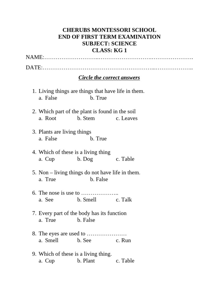 Cherubs Montessori School End of First Term Examination Subject ...
