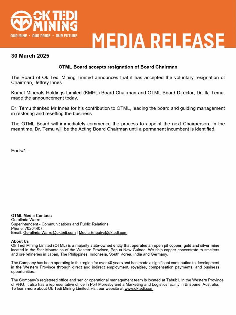 Media Release - OTML Board Accepts Resignation of Board Chairman | PDF