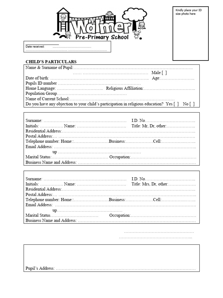 Pre-Primary School Enrollment Application | PDF | Human Development ...