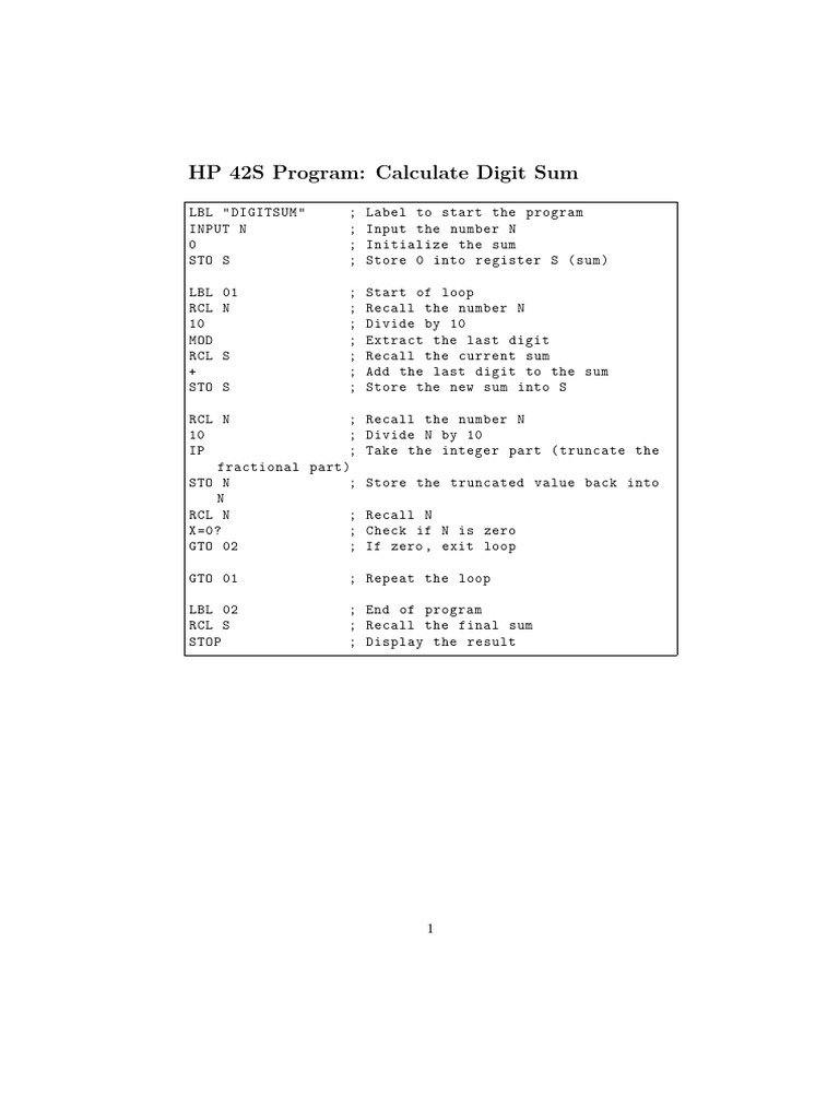 HP 42S Program: Calculate Digit Sum | PDF
