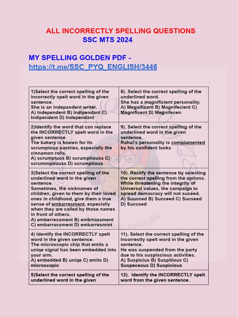 Spelling Correction Practice Questions | PDF