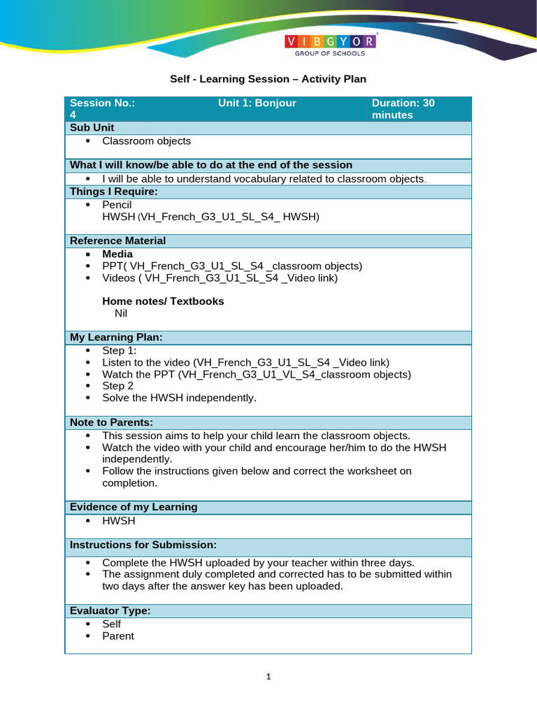 VH French G3 U1 SL S4 Activity Plan | PDF