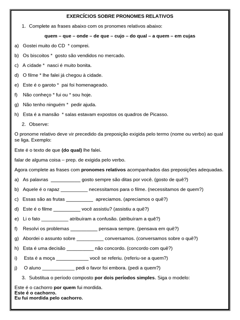 Exercícios de Pronomes Relativos | PDF | Pronome | Cães