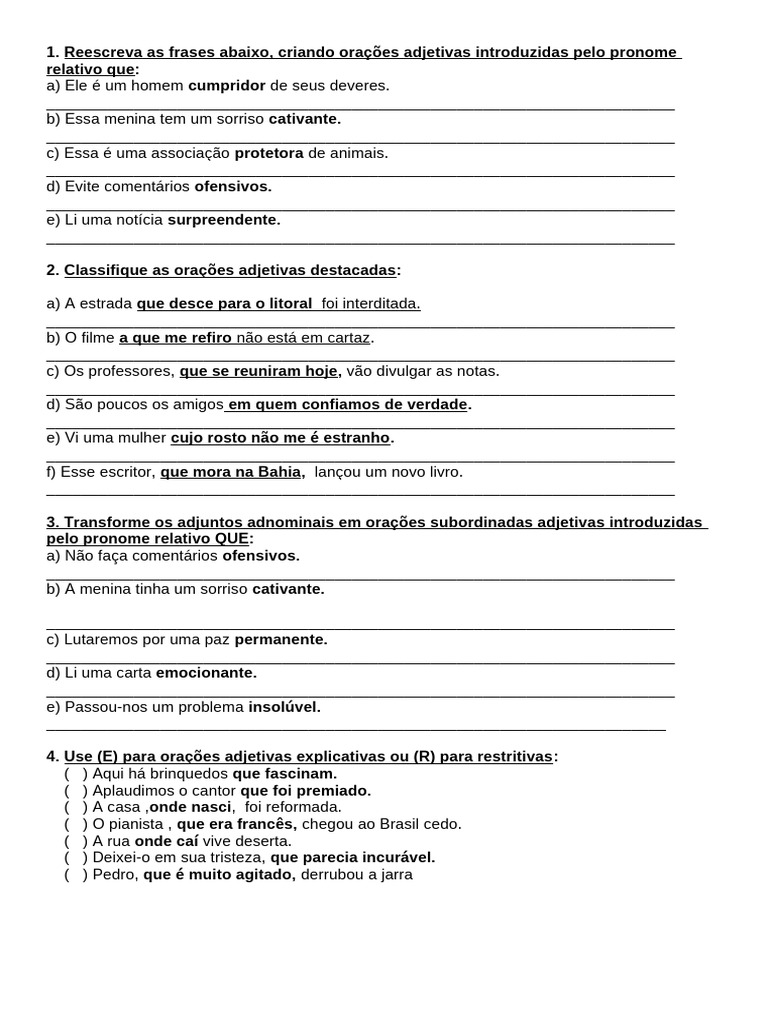 Exercícios de Orações Adjetivas e Classificação | PDF