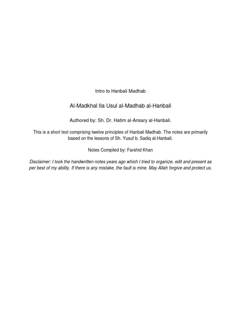 Intro To Hanbali Madhab Notes On Al Madk | PDF | Semitic Words And ...