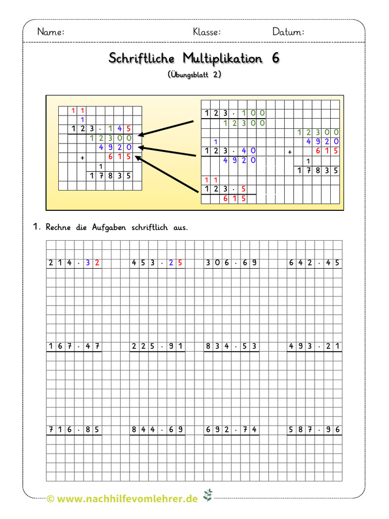 Schriftliche Multiplikation 6 - Übung 2 | PDF