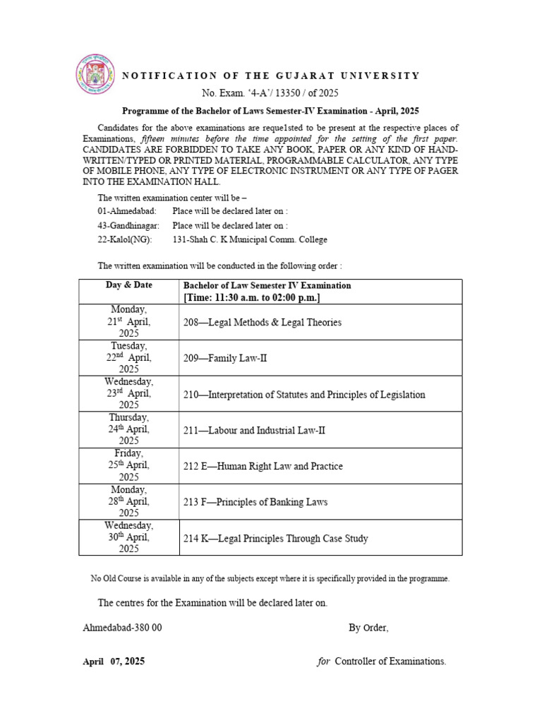 LLB Semester IV Exam Schedule 2025 | PDF