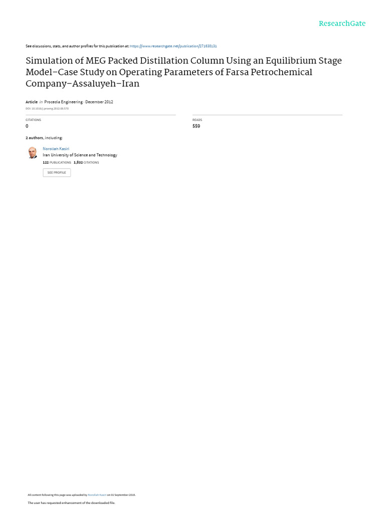 Meg Distillation Column Simulation Study Pdf Distillation