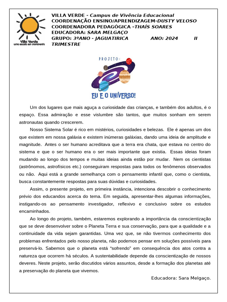 CT - INTRODUÇÃO - PROJETO 3º ANO - EU E O UNIVERSO | PDF