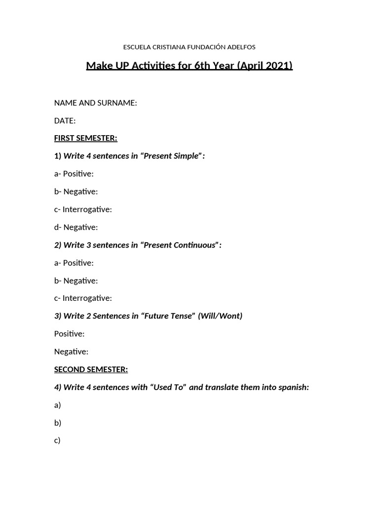 Make Up Activity 6th Year ECFA April 2021 | PDF